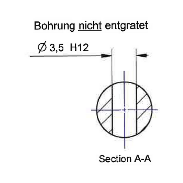 Schnitt A-A | Bohrung nicht entgratet, Dmr 3,5 mm / H 12 mm